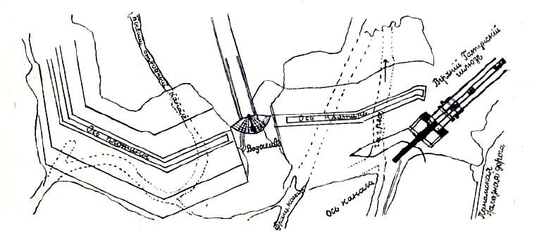 Фиг. 3. План Гатунской плотины с водосливом.