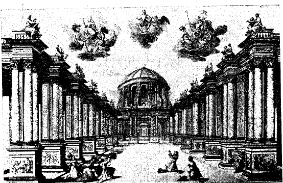 9. Перспективная сцена-коробка XVII века (гравюра к постановке Торелли).