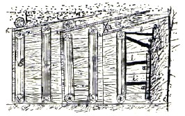 Рис. 26. Забивная крепь. k – чегени, b – дверные оклады, l – распорки, удерживаемые досками а грунт в забое.