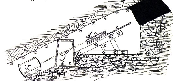 Рис. 33. Бремсберговый шкив А с тормозом k на оси (О), укрепленный в деревянной раме (D). V – вагончик, S – устье штрека.